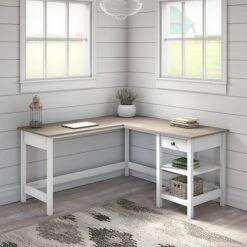 Bush Furniture Mayfield 60" L-Shaped Computer Desk With Storage, Pure White/Shiplap Gray (MAD260GW2-03)