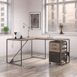 Bush Furniture Refinery 50W L Shaped Industrial Desk With 37W Return And Mobile File Cabinet, Rustic Gray (RFY004RG)