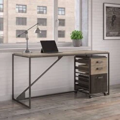 Bush Furniture Refinery 62W Industrial Desk With 3 Drawer Mobile File Cabinet, Rustic Gray (RFY005RG)