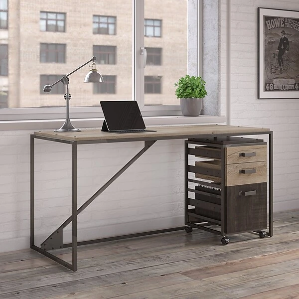 Bush Furniture Refinery 62W Industrial Desk With 3 Drawer Mobile File Cabinet, Rustic Gray (RFY005RG) 1 Bush Furniture Refinery 62W Industrial Desk With 3 Drawer Mobile File Cabinet, Rustic Gray (RFY005RG)