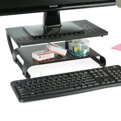 Mind Reader Monitor Stand Riser, 2 Tier, Ventilated Metal For Computer Monitor, Laptop, Storage For Keyboard, Black (MON2T-BLK)