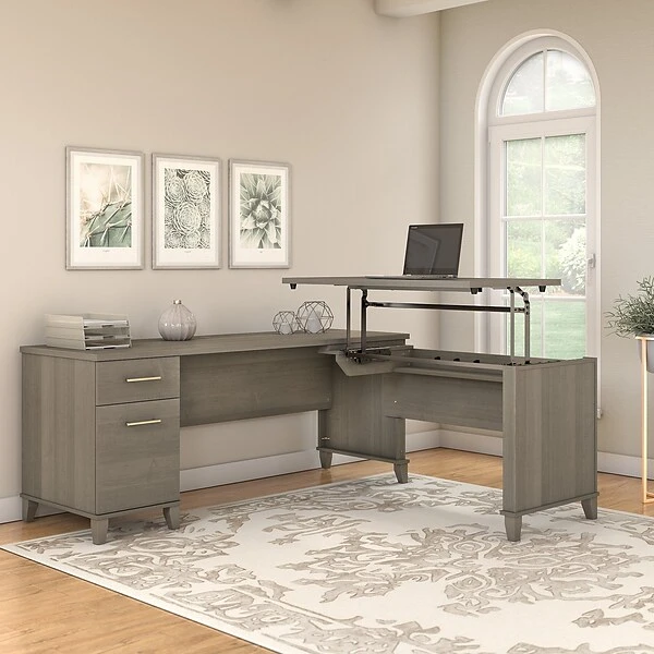 Bush Furniture Somerset 72W 3 Position Sit To Stand L Shaped Desk, Ash Gray (SET014AG) 1 Bush Furniture Somerset 72W 3 Position Sit To Stand L Shaped Desk, Ash Gray (SET014AG)