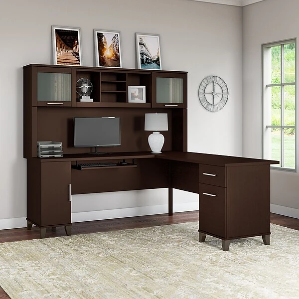 Bush Furniture Somerset 72W L Shaped Desk With Hutch, Mocha Cherry (SET001MR) 1 Bush Furniture Somerset 72W L Shaped Desk With Hutch, Mocha Cherry (SET001MR)