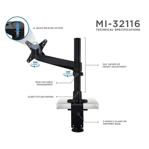 Mount-It! Modular Height Adjustable Adjustable Monitor Mount, Up To 27" Monitors, Black (MI-32116B) 4 Mount-It! Modular Height Adjustable Adjustable Monitor Mount, Up To 27" Monitors, Black (MI-32116B) - Image 4