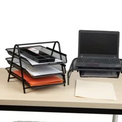 Mind Reader Metal Mesh Monitor Stand With Drawer Organizer, 3 Tier Mesh Paper Tray Organizer, 2 Piece Set, Black (MESHMON3P-BLK)