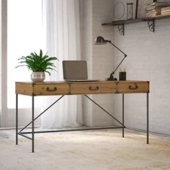 Kathy Ireland® Home By Bush Furniture Ironworks 60W Writing Desk With Drawers, Vintage Golden Pine (KI50105-03)
