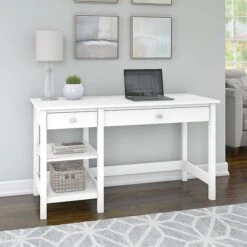 Bush Furniture Broadview 54" W Computer Desk With Shelves, Pure White (BDD154WH-03)