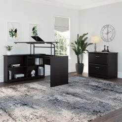 Bush Furniture Cabot 36"-42"H Position Sit To Stand Corner Bookshelf Desk With Lateral File Cabinet, Espresso Oak (CAB056EPO)