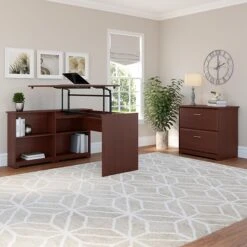 Bush Furniture Cabot 36"-42"H 3 Position Sit To Stand Corner Bookshelf Desk With Lateral File Cabinet, Harvest Cherry(CAB056HVC)