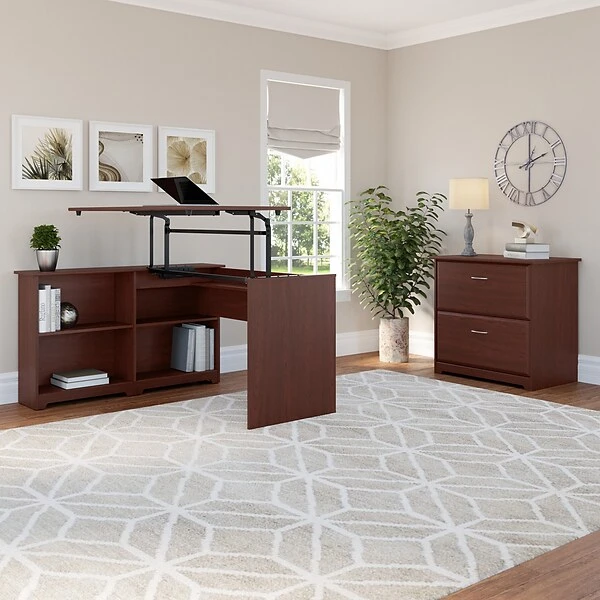 Bush Furniture Cabot 36"-42"H 3 Position Sit To Stand Corner Bookshelf Desk With Lateral File Cabinet, Harvest Cherry(CAB056HVC) 1 Bush Furniture Cabot 36"-42"H 3 Position Sit To Stand Corner Bookshelf Desk With Lateral File Cabinet, Harvest Cherry(CAB056HVC)